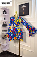Women Tie Dye Print Flare Long Sleeve Wrap V-neck with Sashes Ruffle Dress 2026 Elegant Vacation Party Birthday Dresses