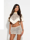 Silver Sequin Fringe 2 Piece Outfit Chic High‑neck Crop Top Mini Skirt Set 2026 Summer Beach Nightclub Party Women Matching Suit