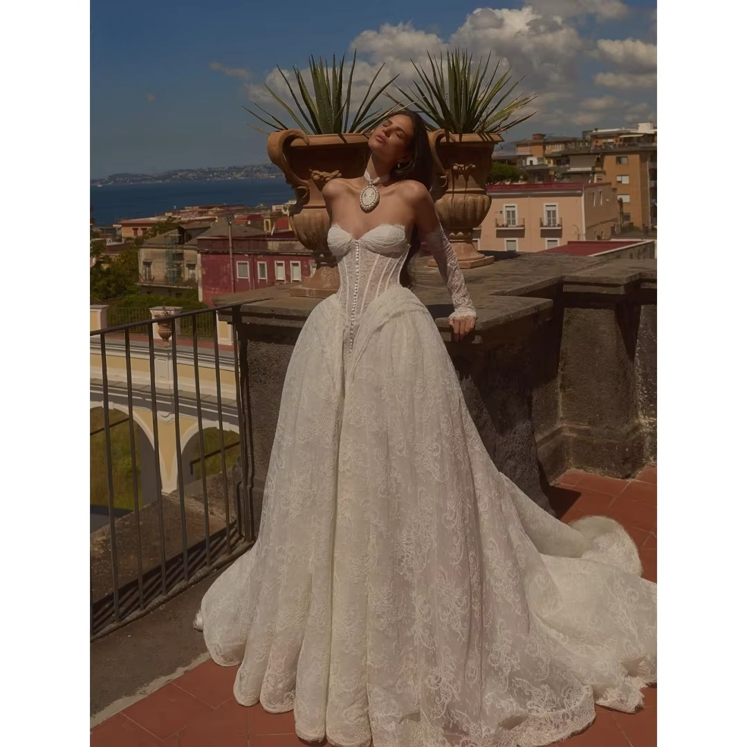 Custom Strapless Corset Lace Wedding Dress Sheer Long Sleeve A Line Bridal Gown Elegant Sweep Train Formal Evening Outfit