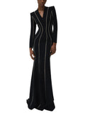 Black Diamond V-Neck Long Women'S Dress Elegant Long Sleeved V Neck High Waist Formal Dinner Evening Gown Chic Lady 2026