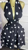 Women Dot Printed Sleeveless Halter V-neck Big Swing A-line Mini Dress  Summer Vacation Sexy Party Evening Dresses