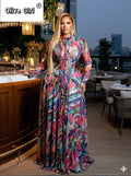 Women O-neck Long Sleeve Big Swing Tie Dye Print Long Dress 2026 Sexy Parties Evening Vacation Maxi Dresses Vestidos
