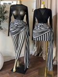 Women Two Piece Pants Set Black Mesh Long Sleeve Top with Black White Geometric Print High Waist Ruched Pants Going Out