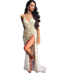 Gold Summer Split Apparel Sexy Women Dress Backless Vintage Dress Sequin Tassel Party Club Wear Maxi Floor Length Dress