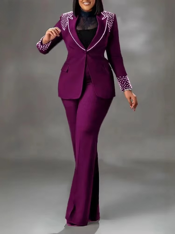 Fashion Pearl Splicing Women's Set Long Sleeve Blazer and Wide Leg Pants Suit 2024 Winter OL Fall Two 2 Piece Set Outfit