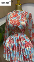 Women Leaf Print Long Sleeve O-neck Wrap Front Pleated Dress 2026 Elegant Romantic Vacation Party Birthday Dresses