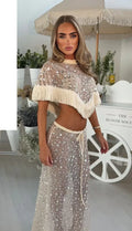 Silver Sequin Fringe 2 Piece Outfit Chic High‑neck Crop Top Mini Skirt Set 2026 Summer Beach Nightclub Party Women Matching Suit