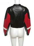 Zip Women Varsity Jacket Faux Leather Patchwork Cinched Waist Autumn Fashion Wild Street Hipster Uniform Crop Coat