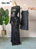 Women Long Sleeve Stacked Mesh See Though with Lining Bodycon Long Dress 2025 Autumn Evening Birthday Sexy Party Dresses