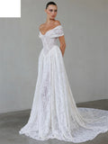 Customized White Off Shoulder Wedding Dresses Sleeveless Floral Lace Bridal Gowns A-Line Court Train Wedding Gowns 2026
