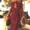 Solid Slimming Spliced Lace Fashion Dresses for Women Round Neck Long Sleeves Patchwork Hollow Out Dress Female New