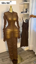 Women Flare Long Sleeve Stacked Ruched Mesh See Though with Tank Dress Maxi Long Dress 2025 Birthday Sexy Party Dresses
