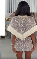 Silver Sequin Fringe 2 Piece Outfit Chic High‑neck Crop Top Mini Skirt Set 2026 Summer Beach Nightclub Party Women Matching Suit