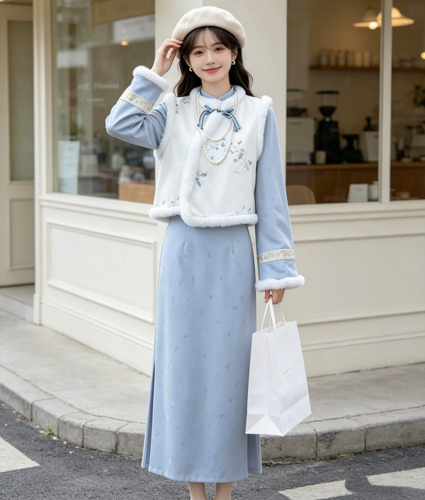 Plush Embroidered Vest Dress Set Unique Beautiful Gentle and Stylish Modified Cheongsam for Winter 2026