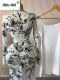 Women Long Sleeve Stacked Mesh See Though with Lining Bodycon Long Dress 2025 Autumn Evening Birthday Sexy Party Dresses