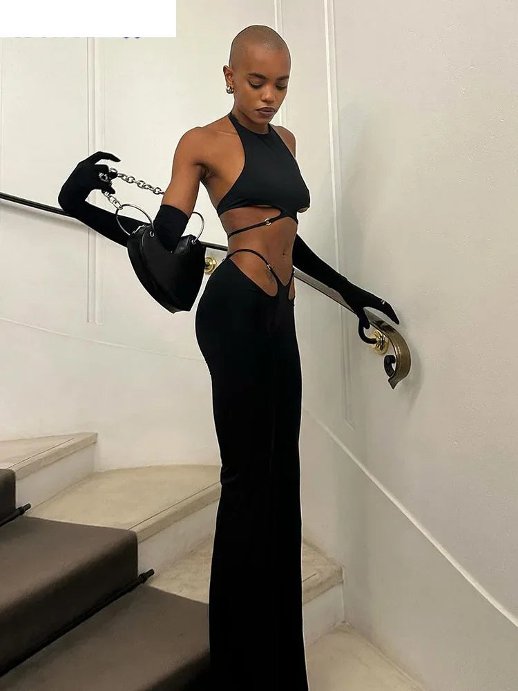 Hollow Straps 2 Piece Sets Woman Summer Sexy Solid Halter Backless Tops+Sequined Flared Pants Party Skinny Outfits