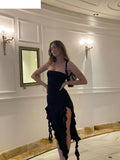 Elegant Strapless Dress Women Irregular Tassel 2023 Summer Trend Skinny Split Maxi Bodycon Birthday Party Clubwear