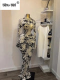 Women Flare Long Sleeve Stacked Dot Mesh See Though with Lining Maxi Long Dress 2025 Evening Birthday Sexy Party Dresses