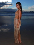 See Through Dress Female 2024Summer Thin Sleeveless Glitter Splits Coquette Backless Clubwear Beach Sexy Vestidos