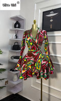Women Tie Dye Print Flare Long Sleeve Wrap V-neck with Sashes Ruffle Dress 2026 Elegant Vacation Party Birthday Dresses