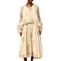 Prairie Chic Two Piece Set for Women V Neck Long Sleeve Patchwork Ruched Top High Waist A Line dress Printed Outfits Female