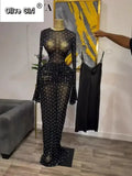 Women Flare Long Sleeve Stacked Dot Mesh See Though with Lining Maxi Long Dress 2025 Evening Birthday Sexy Party Dresses