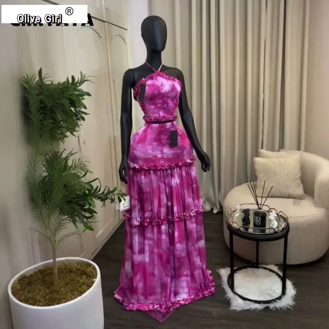 Women Set Tie Dye Print Sleeveless Halter Tops +Long Skirt 2026 Fall Street Sexy Beach Vacation Two Piece Set Outfits