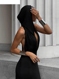 Hooded Backless Dress Women Hipster Elegant Summer Trend Sleeveless Deep V-Neck Maxi Bodycon Streetwear Vestidos