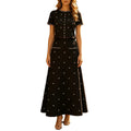 Elegant Beaded Two Piece Set for Women Round Neck Short Sleeve Cropped Top A Line Maxi Skirt for Office Daily Party Suit