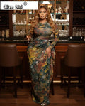 Women Tie Dye Print O-neck Ruched Ribbon Long Dress 2026 Spring Street Evening Birthday Club Party Vestidos Sexy Dresses