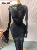 Women Flare Long Sleeve Stacked Ruched Mesh See Though with Tank Dress Maxi Long Dress 2025 Birthday Sexy Party Dresses