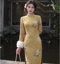 Dress Qipao 2026 New Velvet Cheongsam Skirt Autumn and Winter Yellow Inverted Large-sleeved Cheongsam