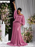 Women Shiny Fuchsia Drawstring Neck Batwing Sleeve Maxi Pleated Dress Fall Street Party Sweet Beach Elegant Long Dresses