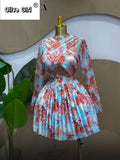 Women Leaf Print Long Sleeve O-neck Wrap Front Pleated Dress 2026 Elegant Romantic Vacation Party Birthday Dresses
