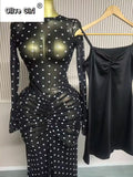 Women Flare Long Sleeve Stacked Dot Mesh See Though with Lining Maxi Long Dress 2025 Evening Birthday Sexy Party Dresses
