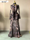 Women Tie Dye Printed Skew Neck Flare Long Sleeve Ruched Stacked Maxi Long Dress  Summer Birthday Sexy Party Dresses