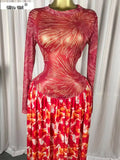 Women Long Sleeve Tie Dye Print O-neck Big Swing Midi A-line Long Maxi Dress 2026 Elegant Evening Birthday Party Dresses