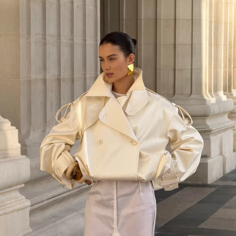 French Retro Windbreaker for Women Lapel Shoulder Pud Long Sleeve Spliced Buttons Loose Basics Coats Female Trendy
