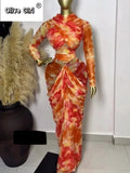 Tie Dye Printed Women Set Wrap Crop Top + Ruched Maxi Skirt 2026 Summer Beach Vacation Birthday Two Piece Set Outfits
