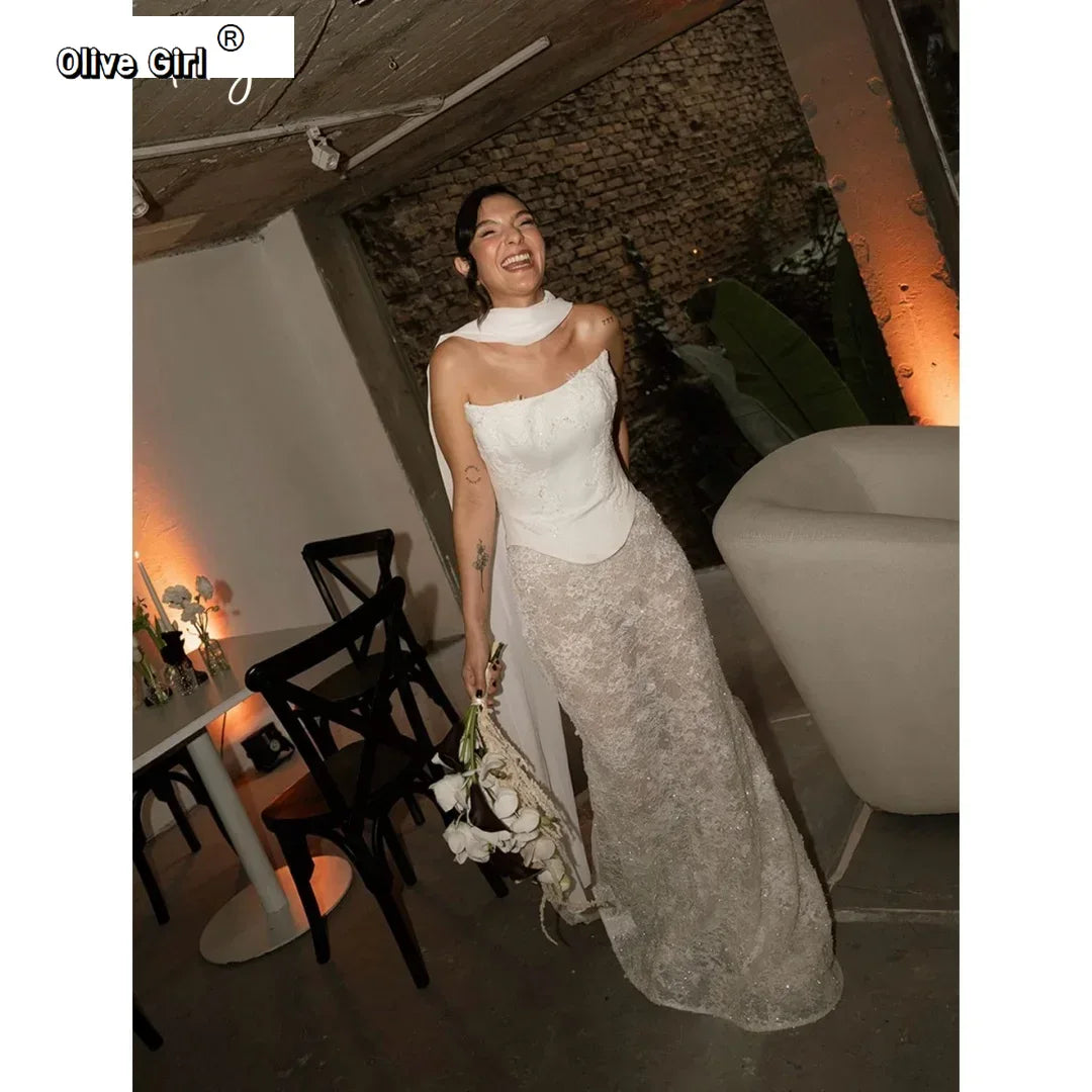 Custom White Strapless High Neck Cape Lace Mermaid Wedding Dress Floor Length Bridal Gown Formal Evening Wear