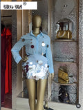 Fashion Sequined Splicing Women's Set Lapel Collar Shirt and Midi A-line Skirt Suit Vacation Two 2 Piece Set Outfits