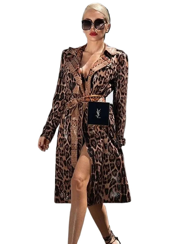 Brown Leopard-Print Belted Trench Coat with Wide Lapels