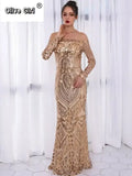 Women Autumn Winter Floor-Length Dress Elegant Long Sleeve Slash Neck Sequin Club Party Dresses Sexy Long Gown Maxi Dress