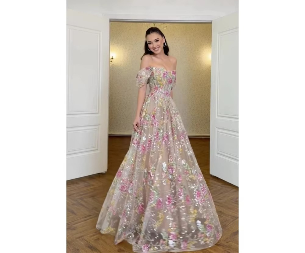 Customized Off-the-shoulder puff sleeve Evening dress Prom dress Floral Embroidery Tulle A-line Garden Wedding dress 2026