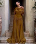 Solid Spliced Folds Dresses for Women Slash Neck Shoulder Cuff High Waist Temperament Dress Female Fashion