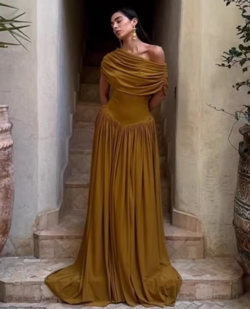 Solid Spliced Folds Dresses for Women Slash Neck Shoulder Cuff High Waist Temperament Dress Female Fashion