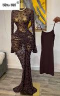 Women Long Sleeve Stacked Mesh See Though with Lining Bodycon Long Dress 2025 Autumn Evening Birthday Sexy Party Dresses