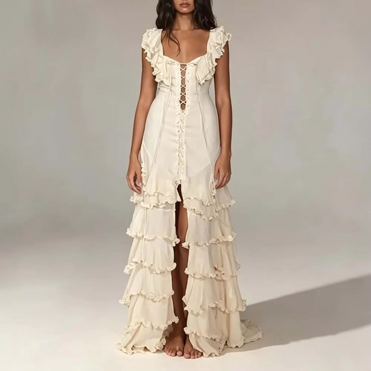 Beige Maxi Dresses for Women Square Collar Sleeveless Lace Up High Split Tiered Ruffle Skirt for Boho Beach Vacation Style