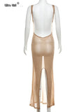 See Through Dress Female 2024Summer Thin Sleeveless Glitter Splits Coquette Backless Clubwear Beach Sexy Vestidos