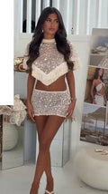 Silver Sequin Fringe 2 Piece Outfit Chic High‑neck Crop Top Mini Skirt Set 2026 Summer Beach Nightclub Party Women Matching Suit